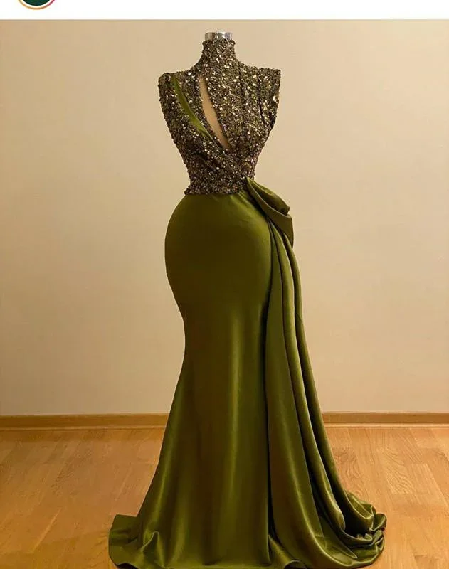 Green Crystal Beaded Vintage Mermaid Prom Dresses High Neck Evening Gown Saudi Arabic Long Formal Party Gown cc489