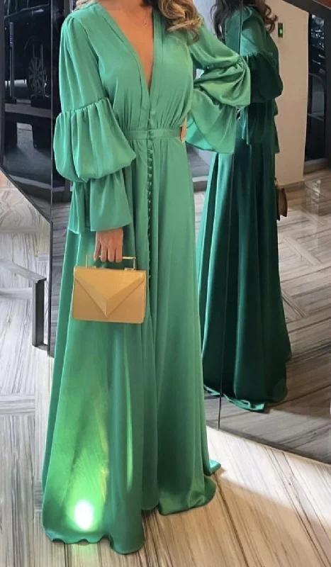 Green Long Sleeves V Neck Prom Dress,Green Formal Gown cc725