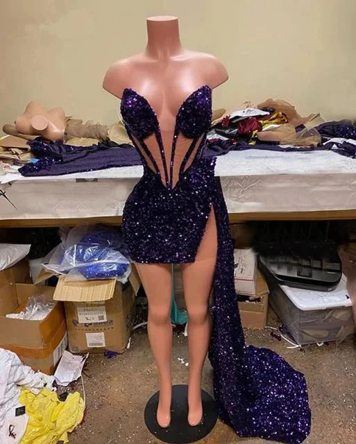 Hot Sale Sparkly Purple Sequin Party Dress Sleeveless Real Picture African Black Girl Short Prom Dresses c3144