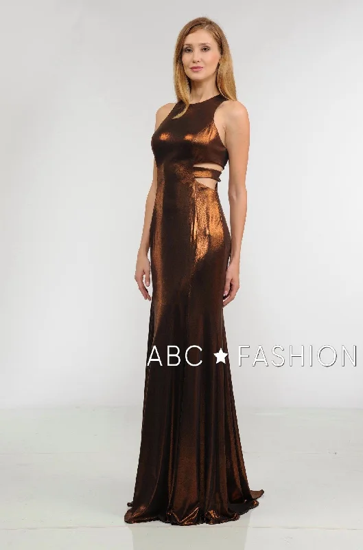 Long Metallic Foil Dress with Side Cutouts by Poly USA 8270