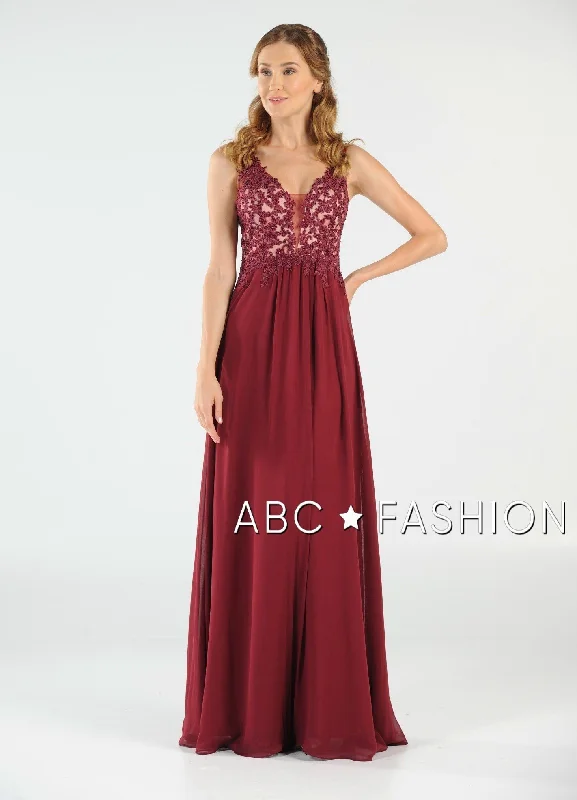 Long V-Neck Chiffon Dress with Lace Appliques by Poly USA 8012