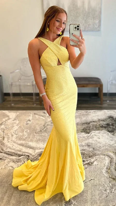 Luxurious Yellow Backless Mermaid Prom Dress,Yellow Evening Dress cc779