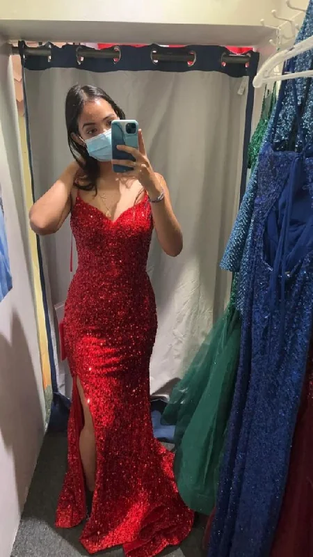 Mermaid Red Sequins Long Prom Dress With Side Slit cc384