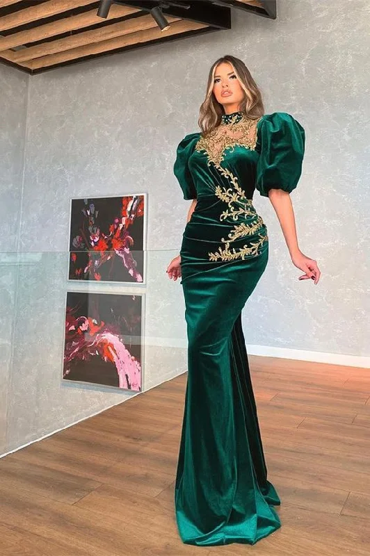 Modern Dark Green Bubble Sleeves Mermaid Prom Dress With Appliques  c2627