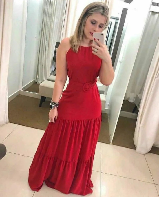 Modest Red Sleeveless Long Prom Dress,Red Formal Gown cc774