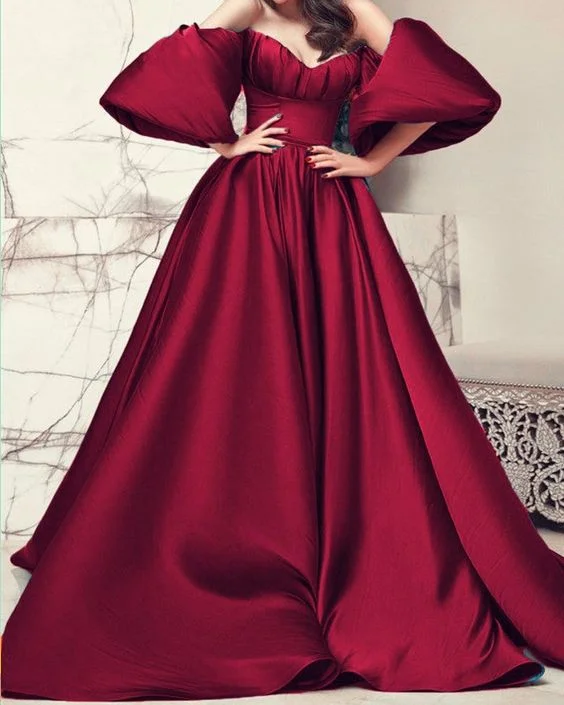 New Puffy Sleeves Prom Dresses Satin Long c2796