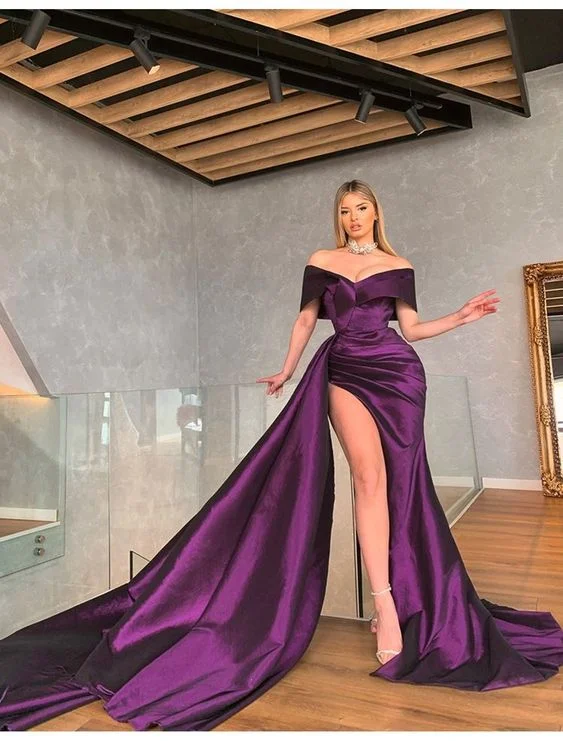 Off Shoulder Mermaid Purple Satin Long Party Prom Dresses with Slit  cc181