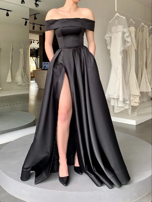 Off Shoulder Satin Evening Dress for Wedding High Slit Long Formal Dress Elegant A Line cc627