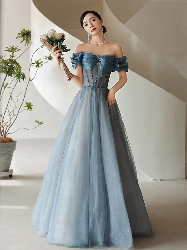 Fashion Women Evening Dress Floor Length Grey Blue Boat Neck Elegant A Line Dress Long Prom Dress cc64