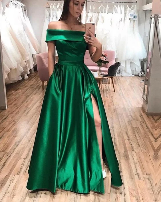 Off the Shoulder Hunter Green Prom Dress, Long Evening Party Formal Gowns cc240