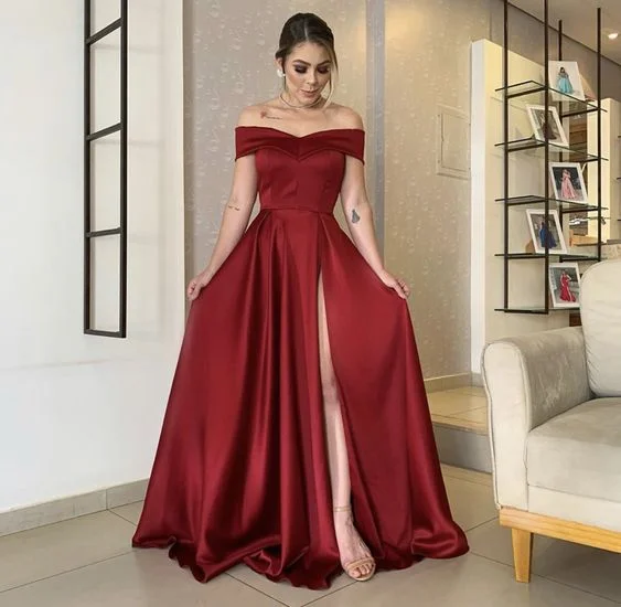 Off The Shoulder Satin Long Prom Dress Simple Burgundy Evening Dress cc293