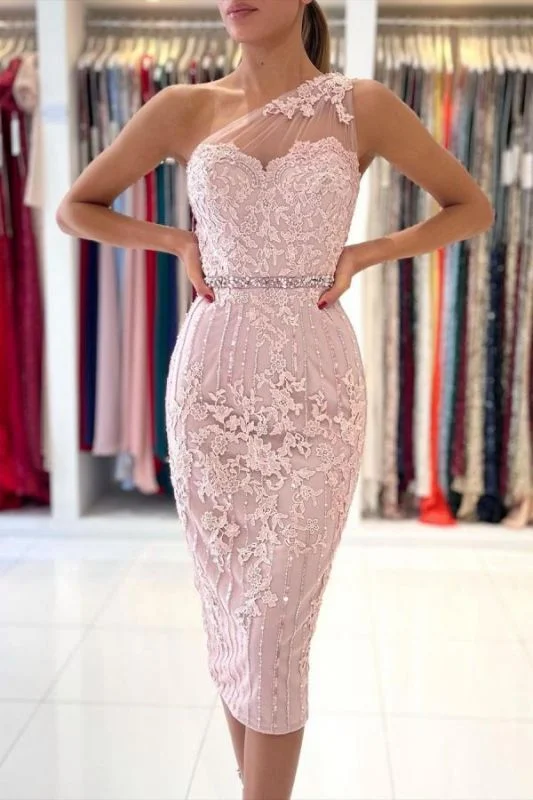 One Shoulder Light Purple Mermaid Short Prom Dresses With Lace Appliques c3165