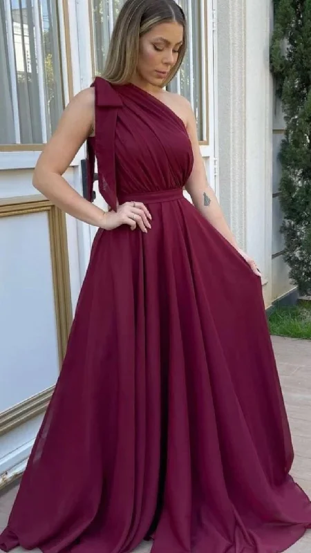 One Shoulder Maroon Chiffon Long Prom Dresses, One Shoulder Formal Evening Dresses cc783