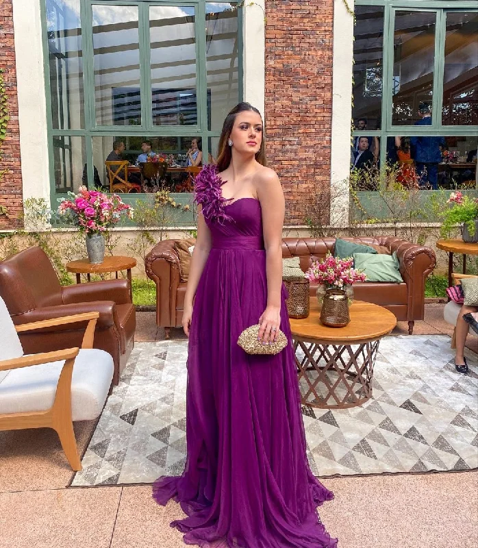 One Shoulder Purple Long Prom Dress,Wedding Guest Dress cc527