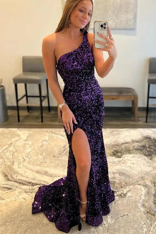 One Shoulder Purple Sequin Mermaid Long Formal Dress cc228