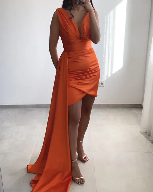 Orange Sheath Plunge Prom Dress Sleeveless Evening Dress  c2607