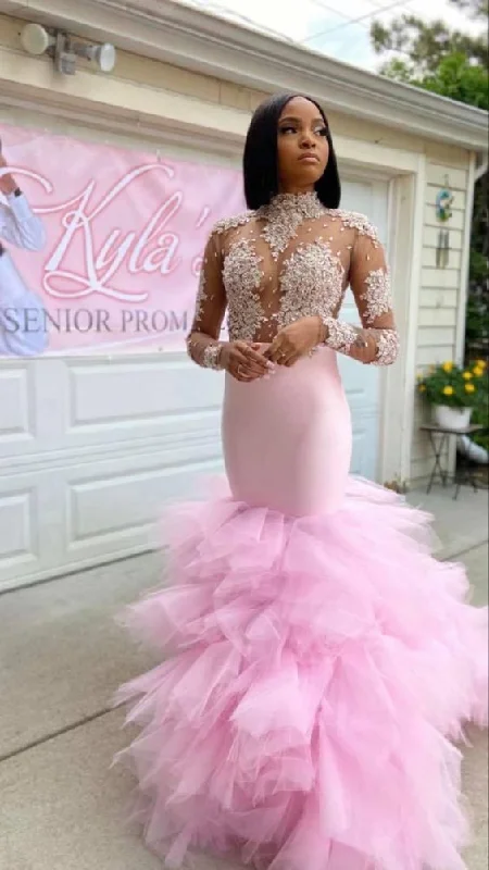 Pink Mermaid Long Prom Dress With Lace Elegant Evening Dress Senior Prom Dress cc348