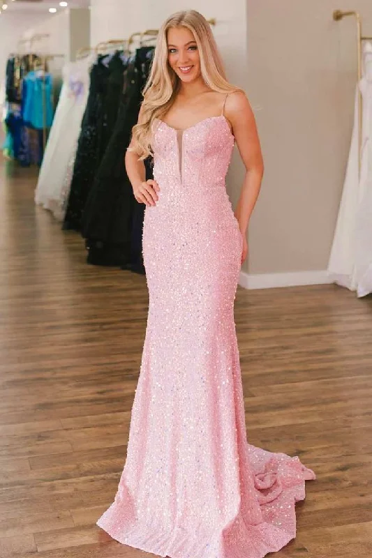 Pink Sequin Split Neck Mermaid Long Prom Dress cc782