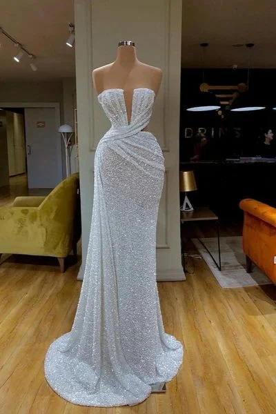 Plunging V-neck Sparkle White Sequined Strapless Prom Dress c2573