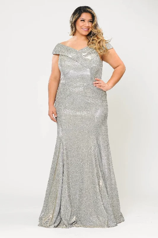 Plus Size Off Shoulder Glitter Mermaid Dress by Poly USA W1042