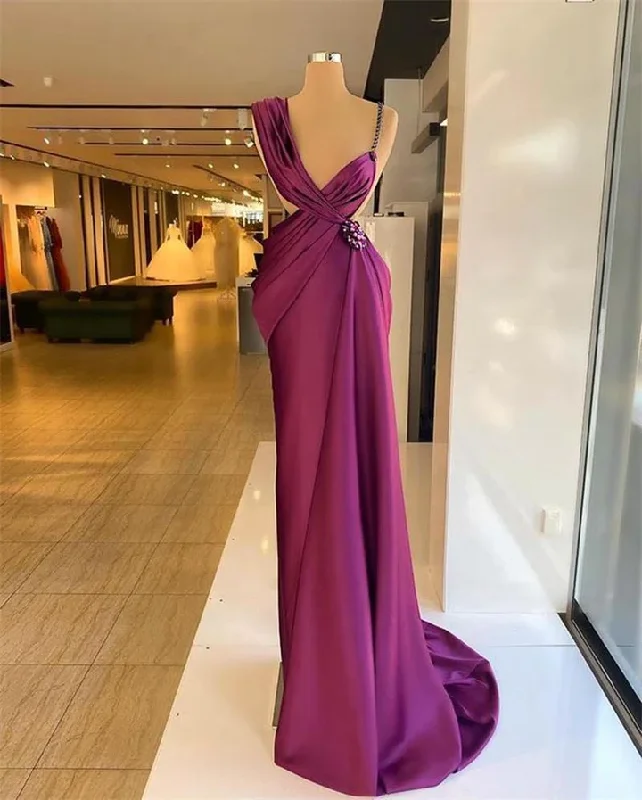 Purple Evening Dresses Beaded Crystals Ruched Pleats Satin Summer Spaghetti Strap Custom Made Prom Gown Formal Party Occasion Wear c3274