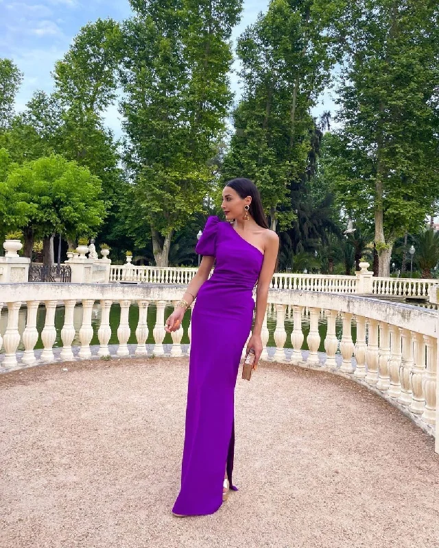 Purple One Shoulder Long Prom Dress,Purple Wedding Guest Dress  cc660