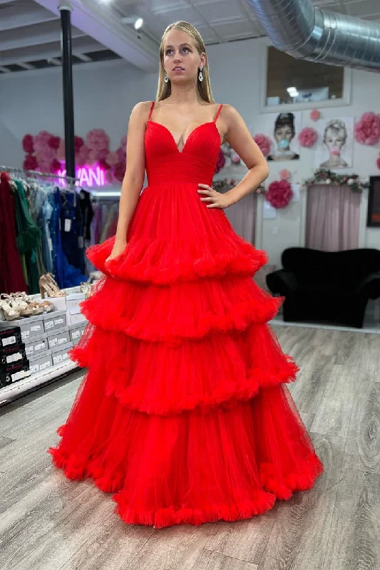 Red A-line Ruffle Layers Plunging V Neck Straps Long Prom Dress cc539