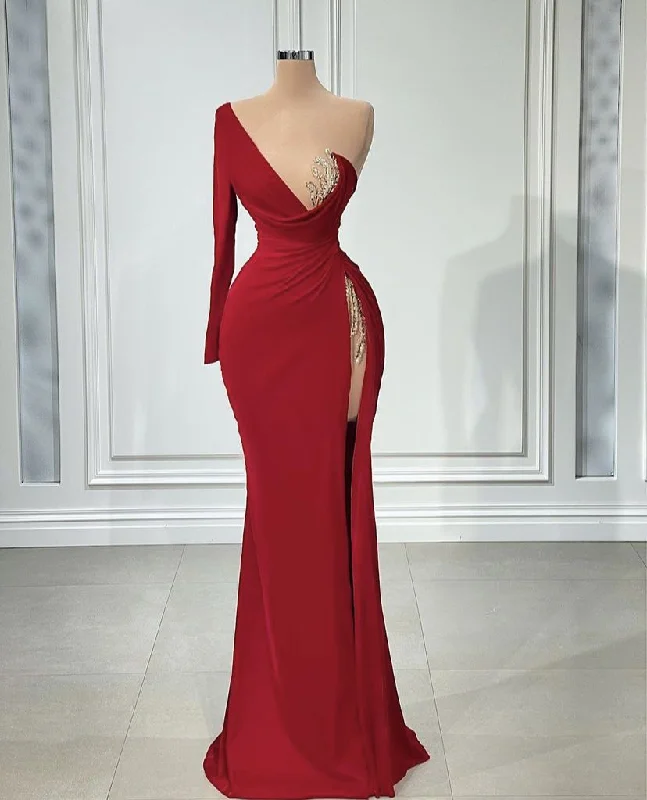 Red One Shoulder Long Sleeve Evening Dress Women High Split Dubai Prom Dresses Wedding Guest Party Gowns  cc648