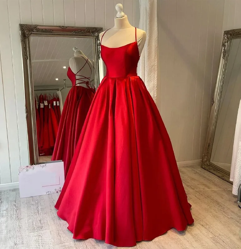 Red satin long prom dress simple evening gown cc470