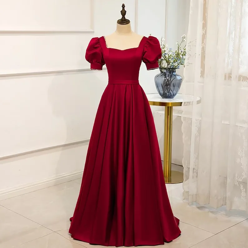 Red Satin Prom Dress Red Dress Puff Sleeve Victorian Dress  cc287