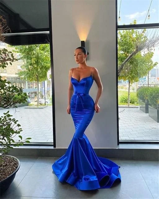 Royal Blue Fitted Mermaid Evening Dress  Champage Spaghetti Straps Prom Dress  C1458