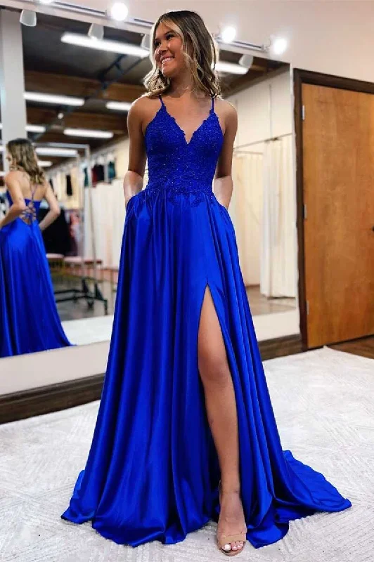 Royal Blue Lace Lace-Up Long Prom Dress cc396