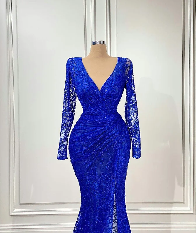 Royal Blue Mermaid Evening Gowns V Neck Long Sleeve Side Split Evening Gowns Red Carpet Illusion Prom Dress c2872