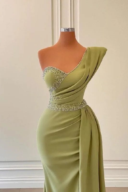 Sage One-Shoulder Split Mermaid Prom Dress With Beadings c2961