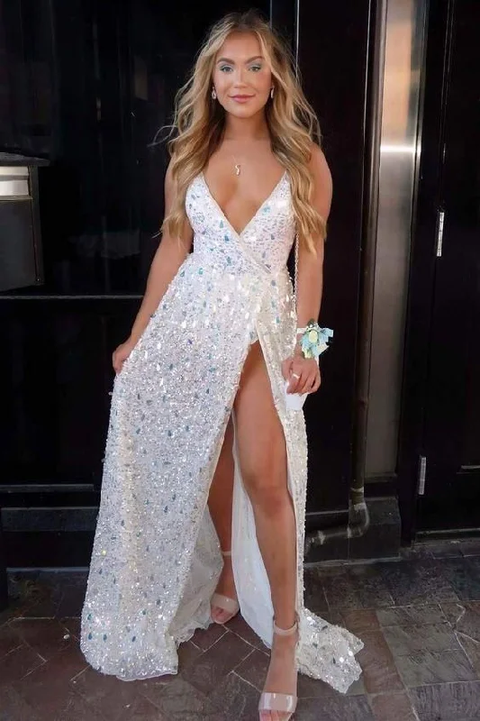 Sexy Deep V-Neck White Sequined Prom Dress c3456