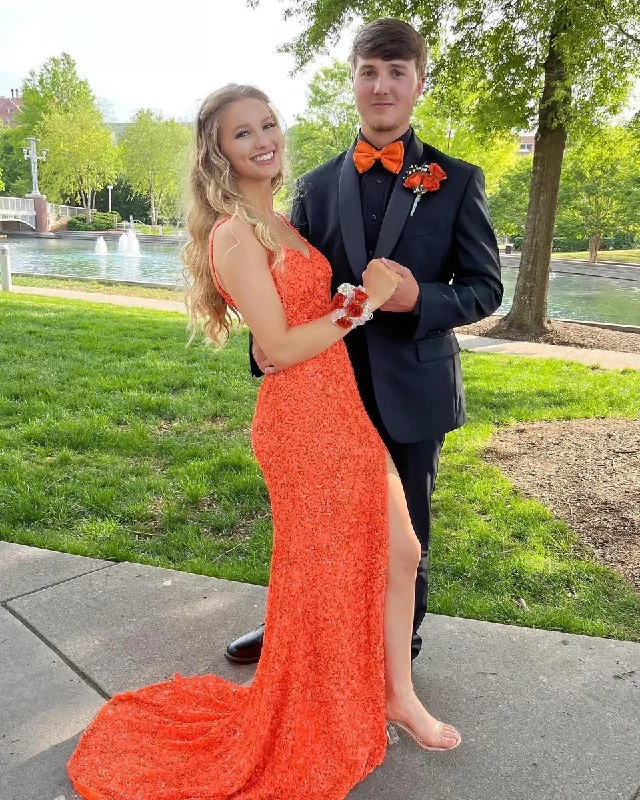 Sexy Orange Mermaid Side Slit Long Prom Dress cc520