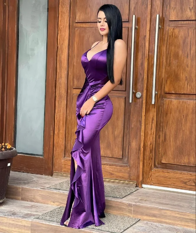 Sexy V-neck Purple Backless Prom Dress,Purple Gala Dress cc773