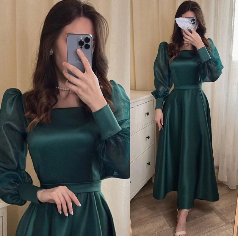 Simple A-line Green Square Neckline Satin Prom Dress cc581