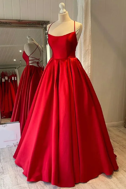 Simple Backless Red Satin Long Prom Dresses, Long Red Formal Graduation Evening Dresses c3445