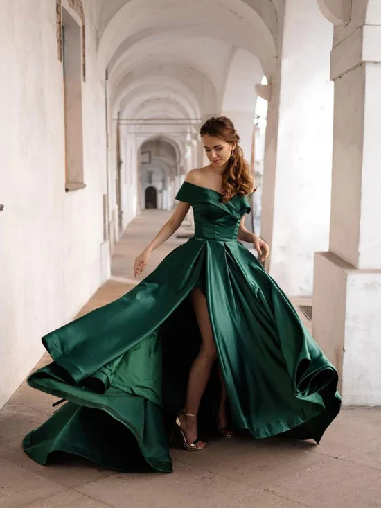 Simple green off shoulder satin long prom dress, green evening dress cc86