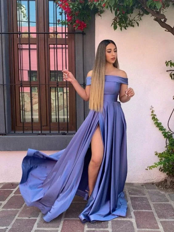 Simple off shoulder purple satin long prom dress, purple evening dress cc610