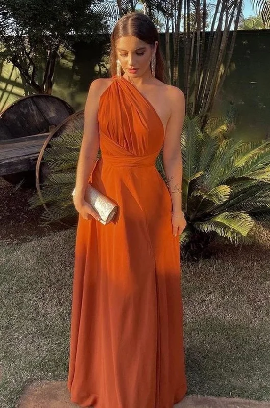 Simple One Shoulder Burnt Orange Long Evening Prom Dresses, Custom Prom Dress cc617