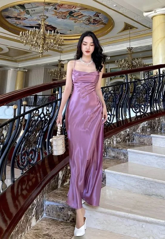 Simple purple evening dresses satin pleated long prom dress c2875