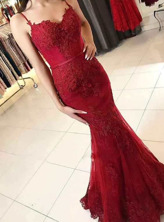 Spaghetti Strap Burgundy Lace Appliqued Mermaid Prom Dresses cc481