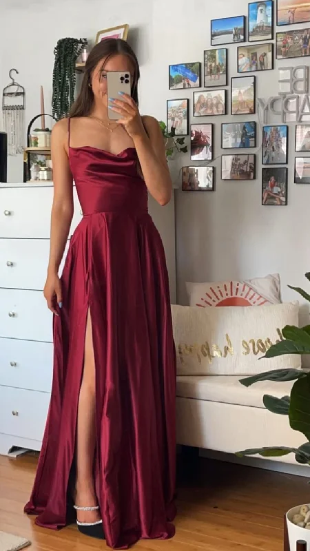 Spaghetti Straps Burgundy Simple Prom Dress Elegant Prom Dress With Split cc116