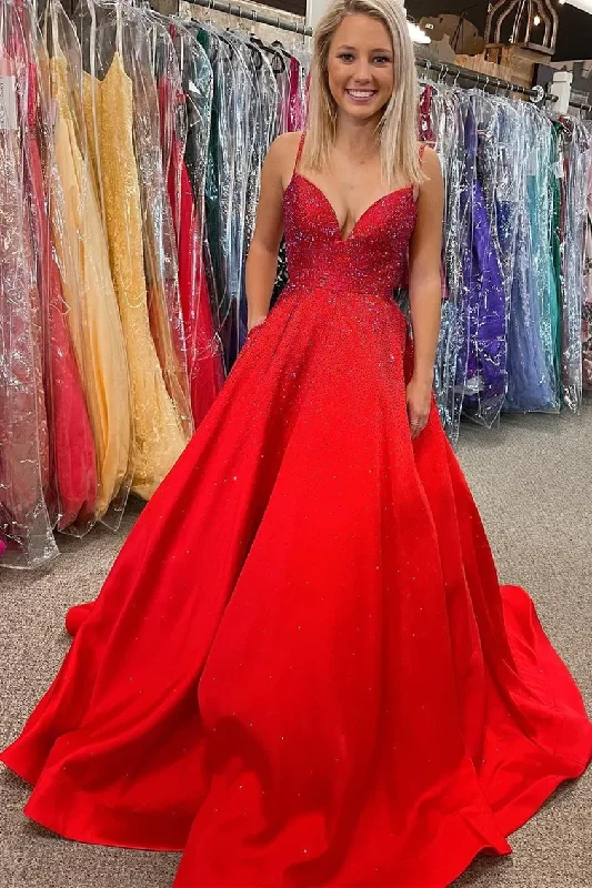 Spaghetti Straps Red Satin Beaded A-line Long Formal Gown Red Prom Dress cc466