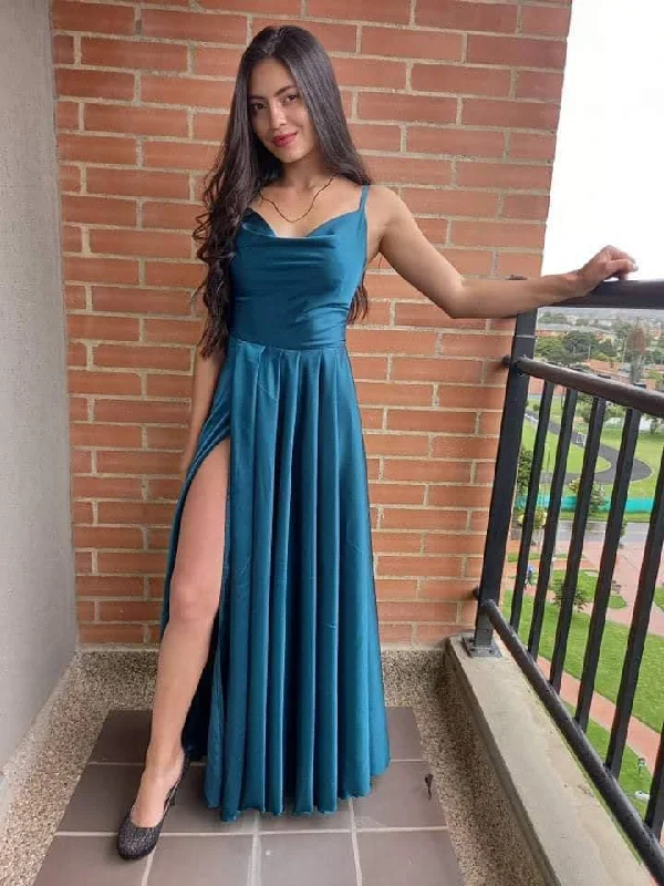 Spaghetti Straps Satin Prom Dress High Slit Backless Club Party Evening Dress cc632