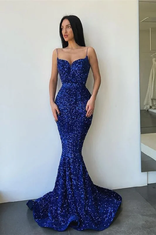 Sparkly Sleeveless Royal Blue Sequined Mermaid Prom Dresses cc464