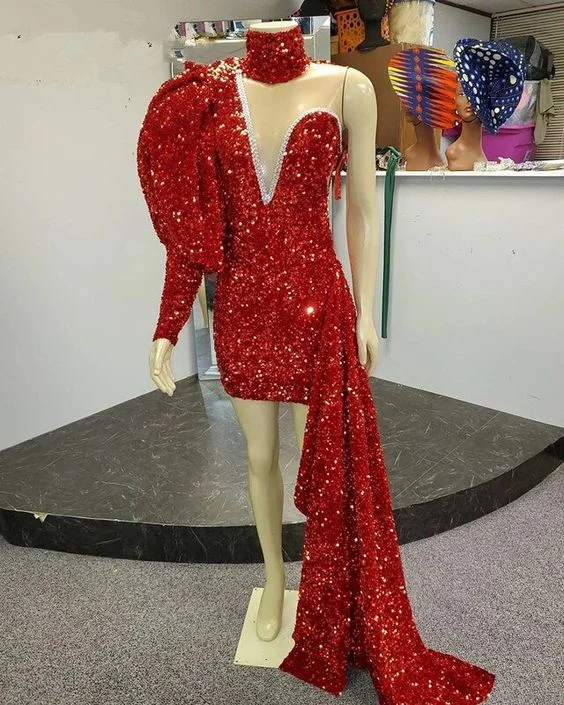 Stunning Red Sequins Short Prom Dresses With High Neck African Black Girl Party Prom Dresses With Long Train c3173