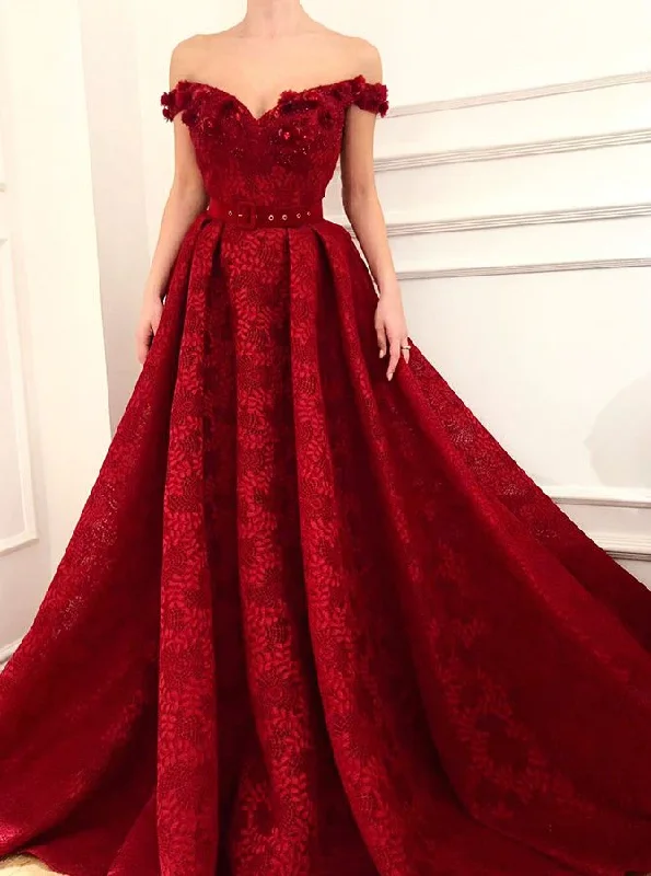 Sweetheart A Line Red Lace Long Off Shoulder Prom Dresses cc289